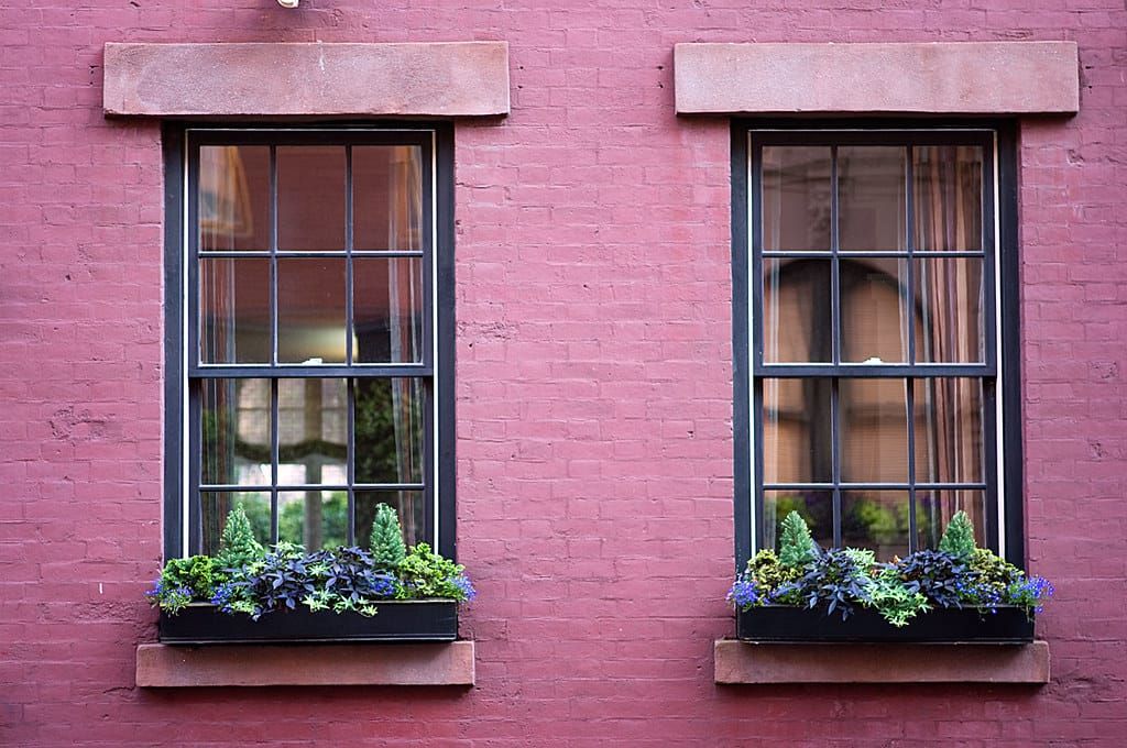 Zwei Sprossenfenster in einer rosa Backsteinfassade mit bepflanzten Blumenkästen voller blauer Blüten und Grün