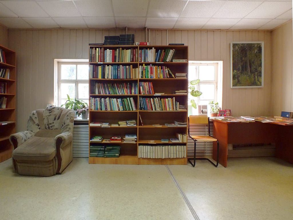 Gefülltes Bücherregal mit bunten Buchrücken, daneben ein Sessel und ein Tisch mit ausgelegten Büchern