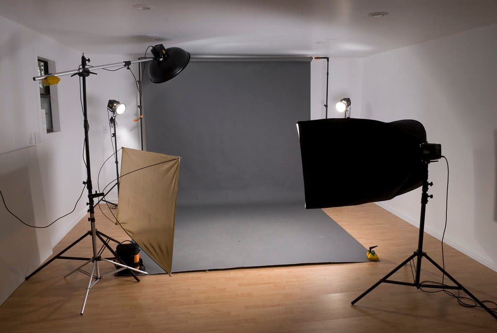 Leeres Fotostudio mit grauem Hintergrund, zwei Softboxen, Reflektor und mehreren Studioleuchten auf Stativen