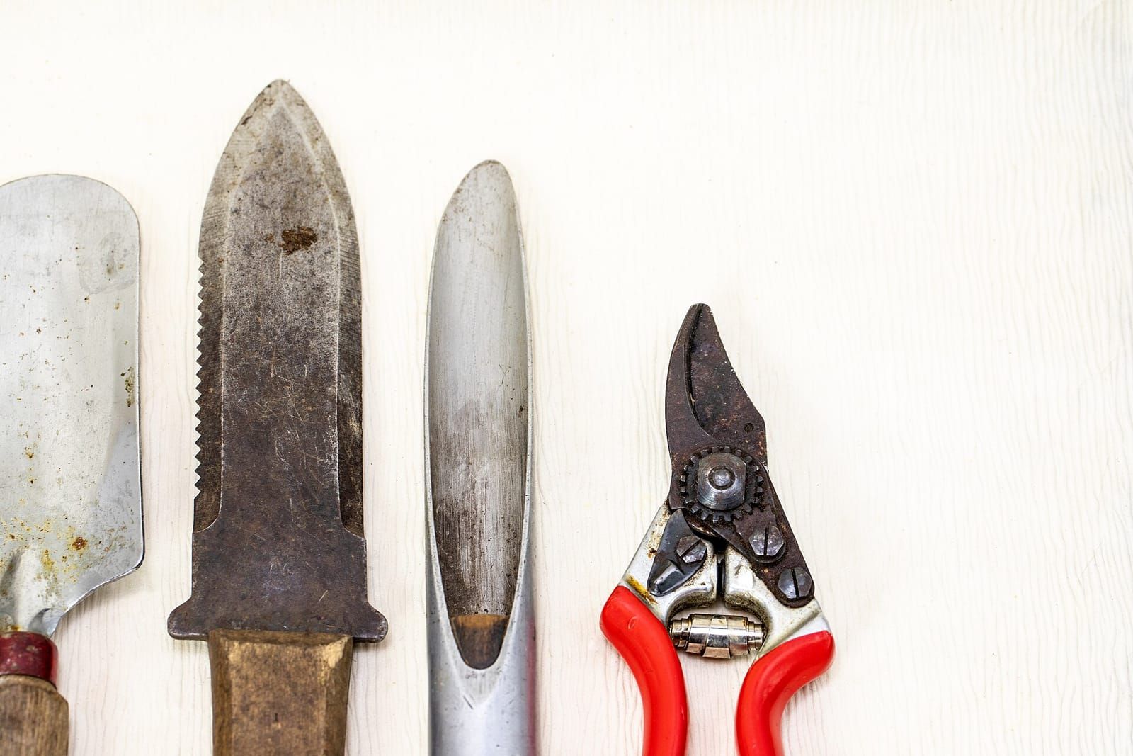 Gebrauchte Gartenwerkzeuge nebeneinander: Pflanzschaufel, Messer, Unkrautstecher und eine Gartenschere mit roten Griffen