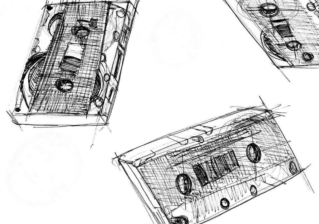 Mit Tinte gezeichnete Skizze mehrerer Musikkassetten auf weißem Papier