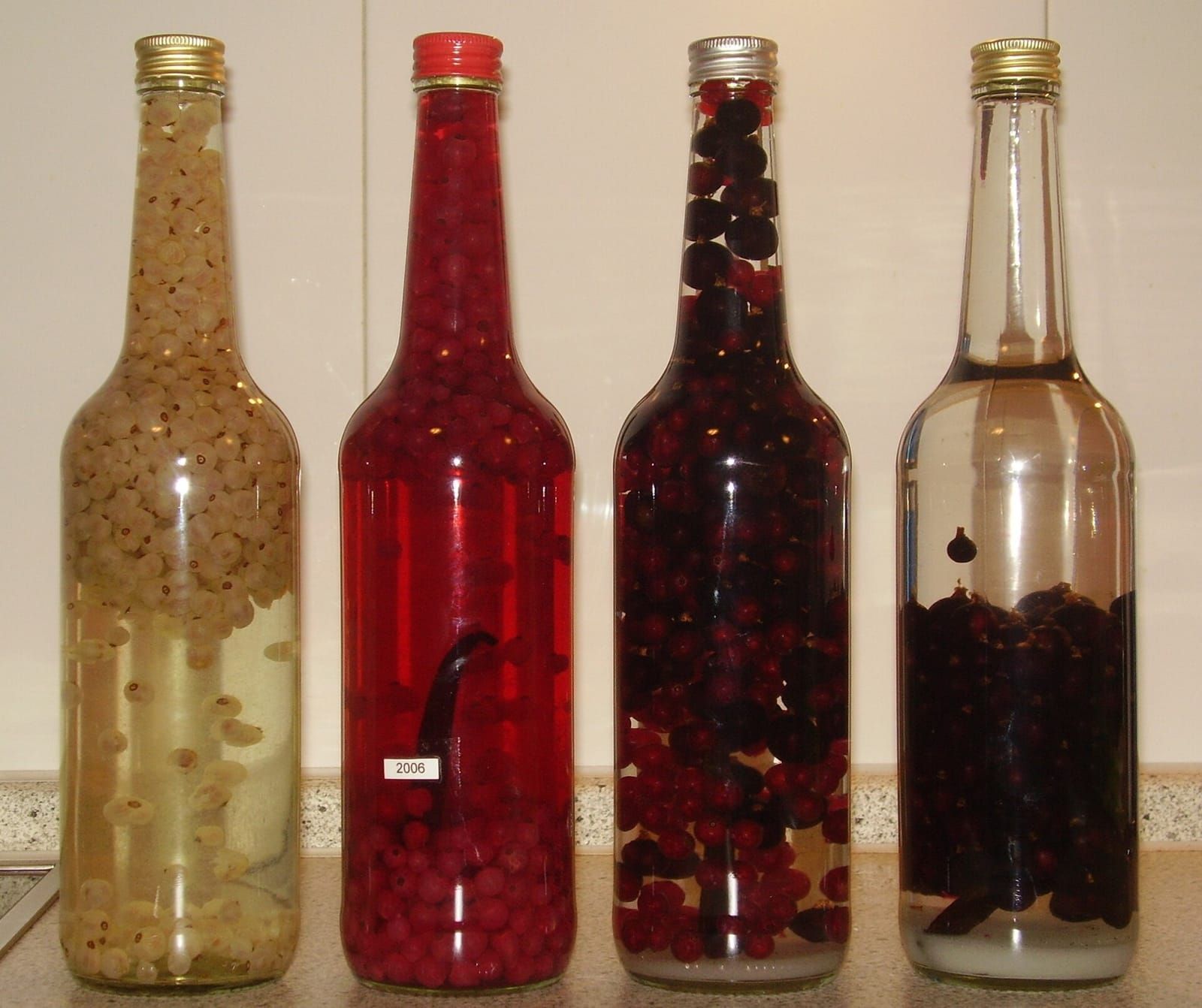 Vier Glasflaschen nebeneinander, gefüllt mit Alkohol und weißen, roten und schwarzen Johannisbeeren
