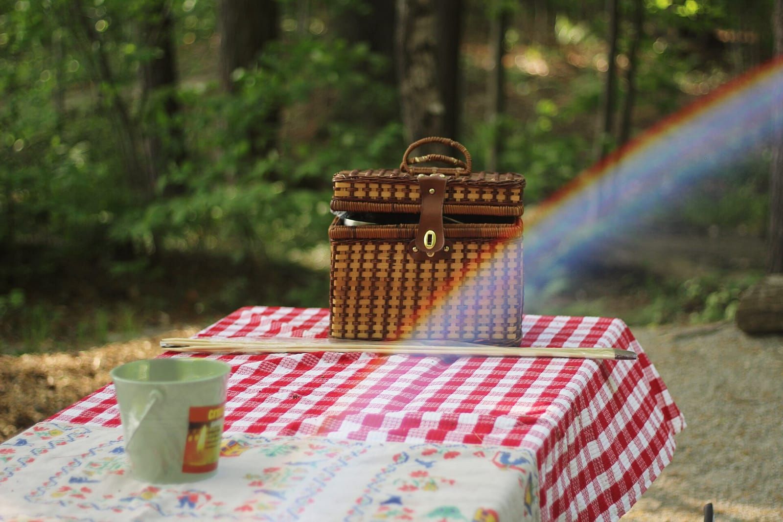 Geflochtener Picknickkorb mit Lederriemen auf einem rot-weiß karierten Tischtuch im Wald, daneben ein Regenbogenlichteffekt